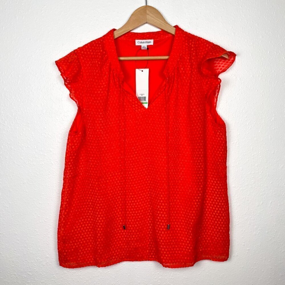 NWT Calvin Klein Work Wear Office Red Blouse With 3-D Swiss Dot Pattern Sz. L